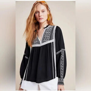 Blank London Anthropologie ANIHERA Peasant Top Black White Embroidered Oversized